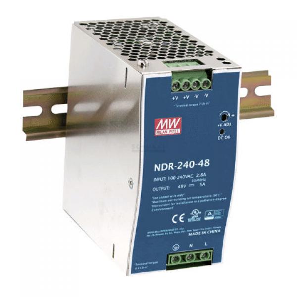 240 W/5.0 A DIN-rail 48 VDC power supply, universal 90 to 264 VAC or 127 to 370