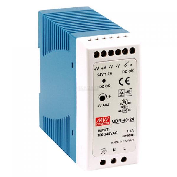 40W/1.7A DIN-Rail 24V VDC power supply with universal 85 to 264 VAC input: -20~
