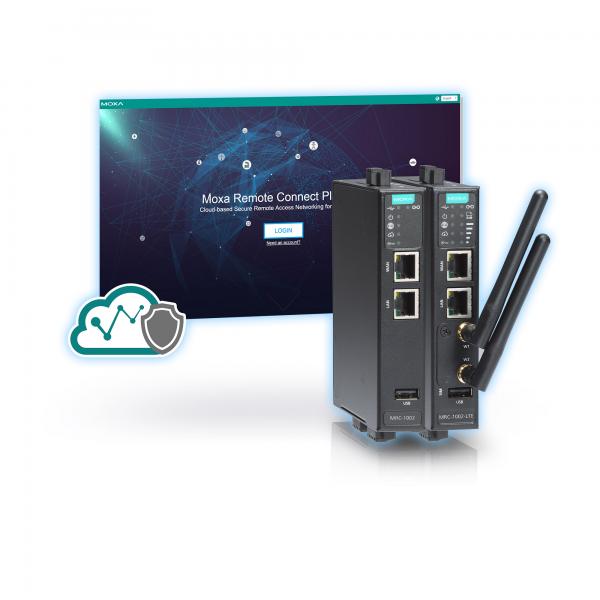 Moxa Remote Connect gateway with 1 LTE cellular port and 2 Ethernet ports, -30 